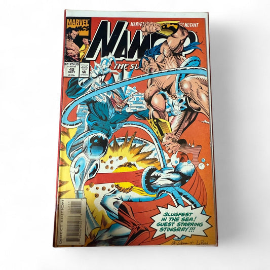 Marvel Comics “Namor the Sub-Mariner” issue #42 (September 1993) featuring Namor battling Stingray and cameo of Lobster Johnson with art by Whilce Portacio.  
