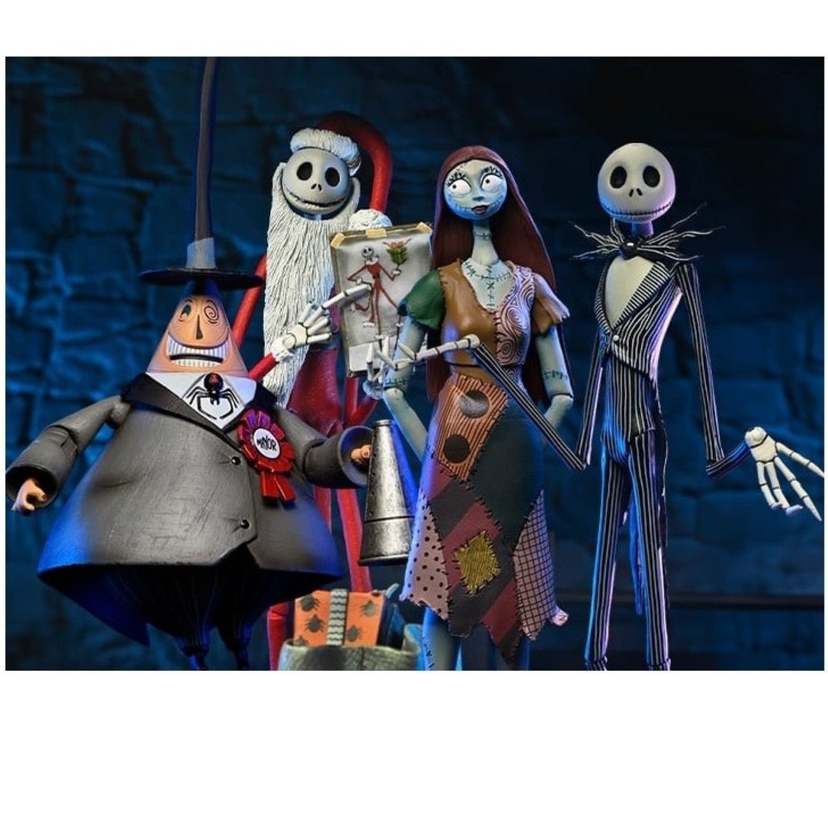 Detailed view of NECA Nightmare Before Christmas figures with accessories