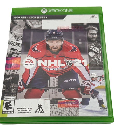 NHL 21 Xbox One game case featuring a hockey player on the cover.