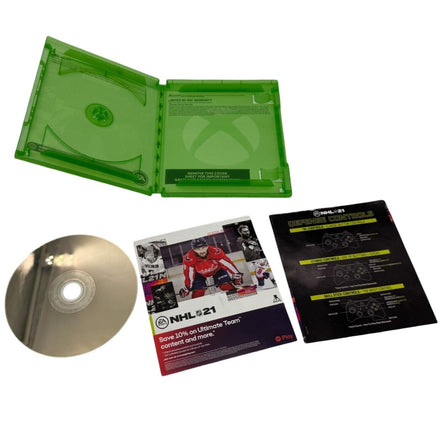 Contents of NHL 21 Xbox One game including disc and manuals.