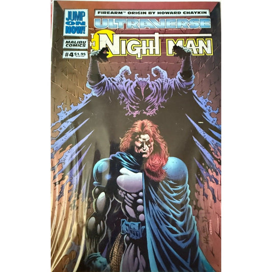 A mint condition Ultraverse Malibu Comics Night Man issue 4 cover featuring Johnny Domino and the “Firearm Origin” story by Howard Chaykin, direct edition collectible.
