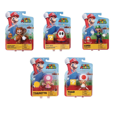 Nintendo Mario action figures packaging featuring Mario, Luigi, Toad, and more