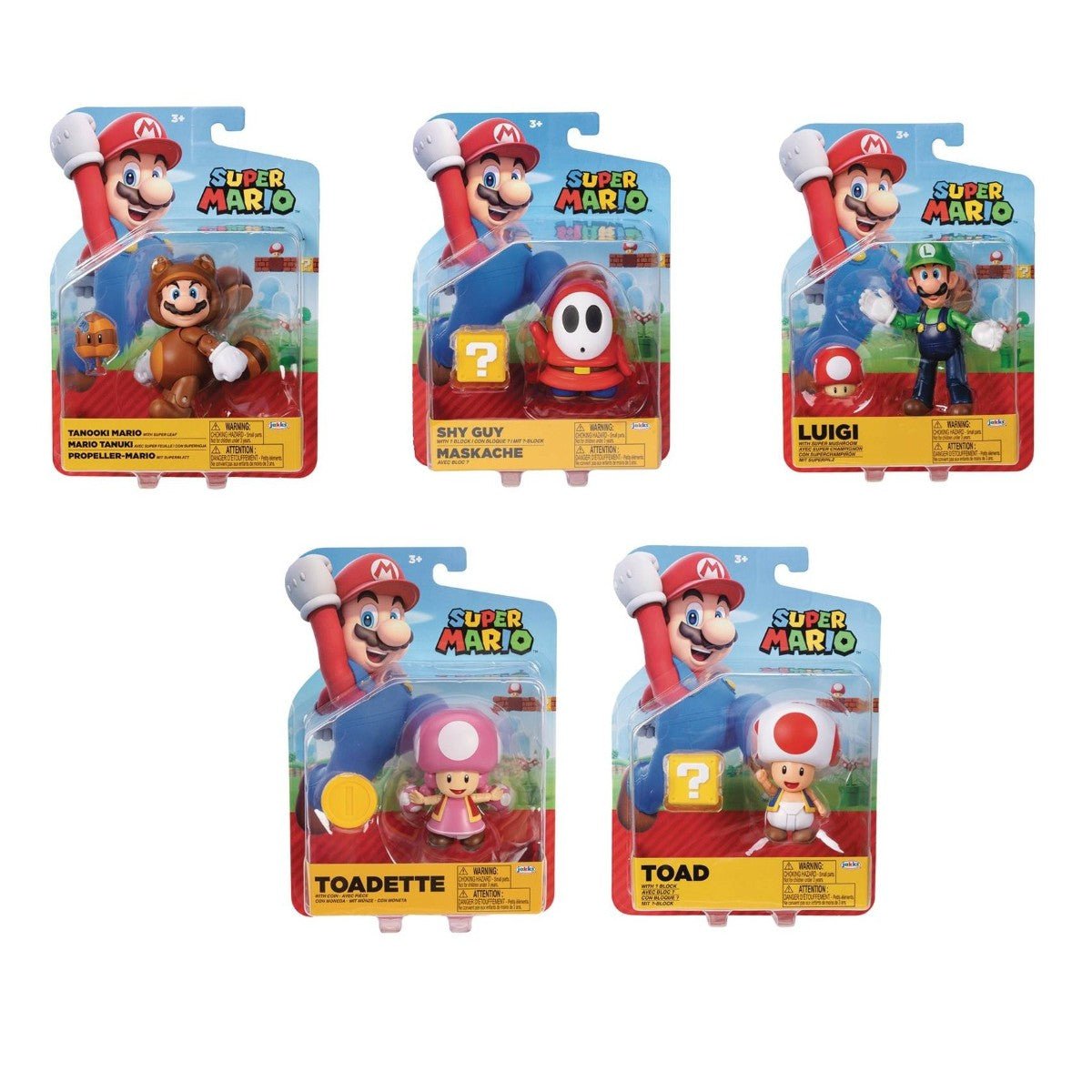 Nintendo Mario action figures packaging featuring Mario, Luigi, Toad, and more