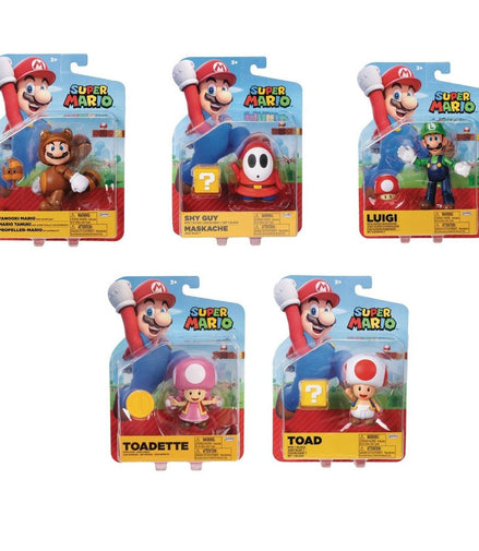 Nintendo Mario action figures packaging featuring Mario, Luigi, Toad, and more