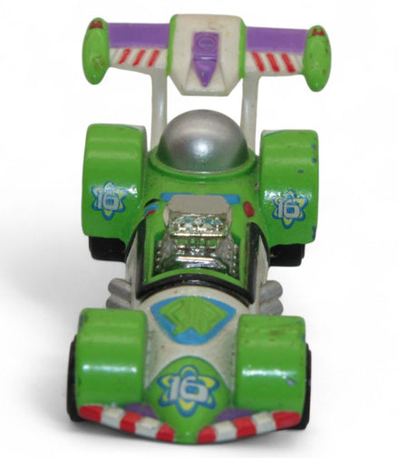Front view of Buzz Lightyear die-cast racer showing intricate details