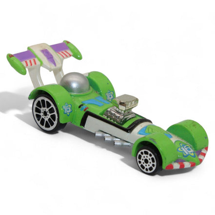Side view of green Buzz Lightyear die-cast car with racing features