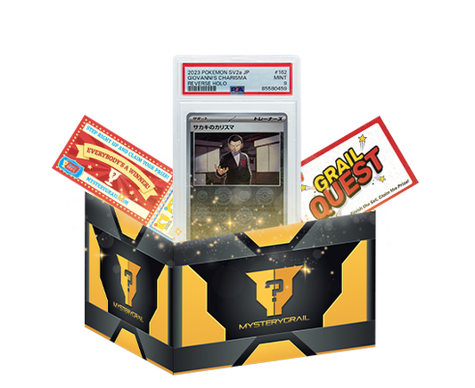 Mystery Grail box with graded Pokemon card and game cards