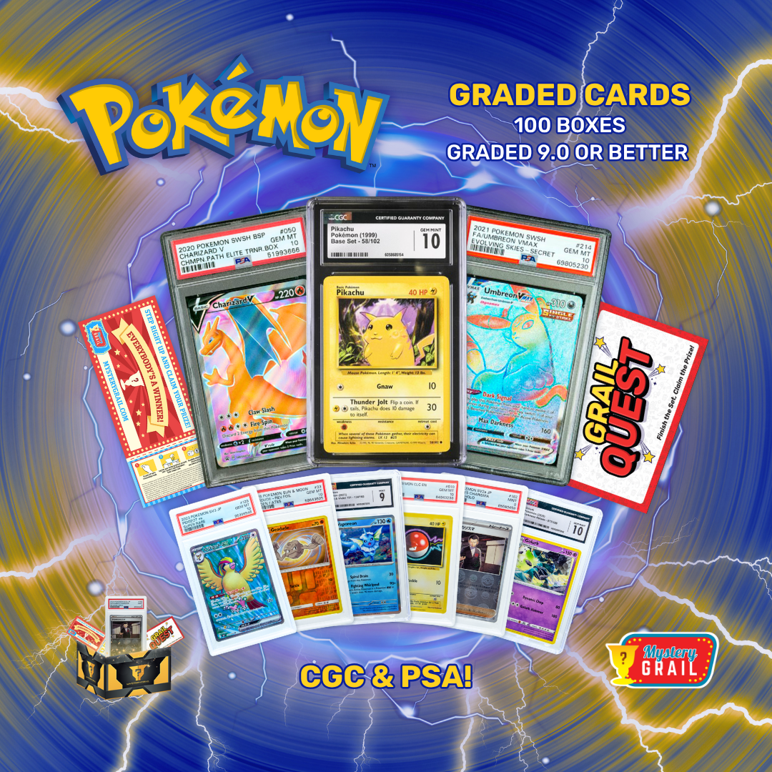 Assorted graded Pokemon cards with Grail Quest and Prize Shop cards