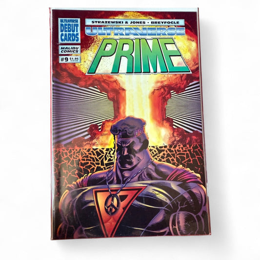 Ultraverse “Prime” comic issue #9 (1994) by Malibu Comics featuring debut cards insert, vibrant foil cover, and art by Norm Breyfogle.  

