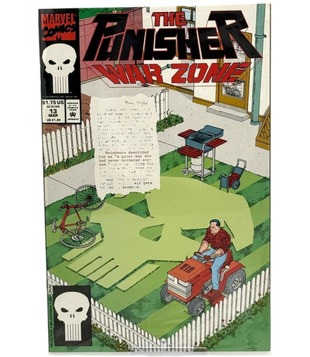 The Punisher War Zone #3 comic cover featuring Frank Castle mowing a lawn with a Punisher skull design