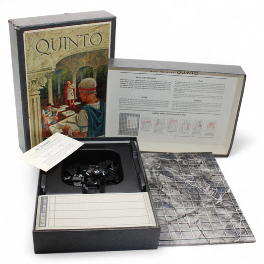 Vintage 1964 Quinto board game by 3M, complete with original pieces, score sheets, and instructions, in excellent pre-owned condition.
