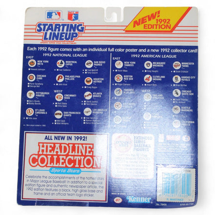 Back view of 1992 Starting Lineup packaging featuring MLB teams