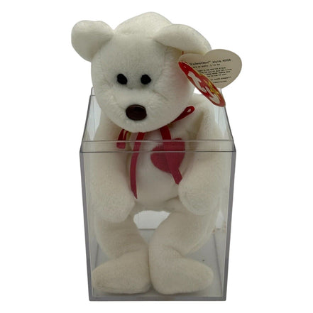 TY Beanie Baby Valentino Bear in display case side view