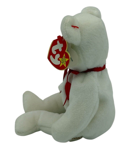 Side view of TY Beanie Baby Valentino Bear showing tag and red bow