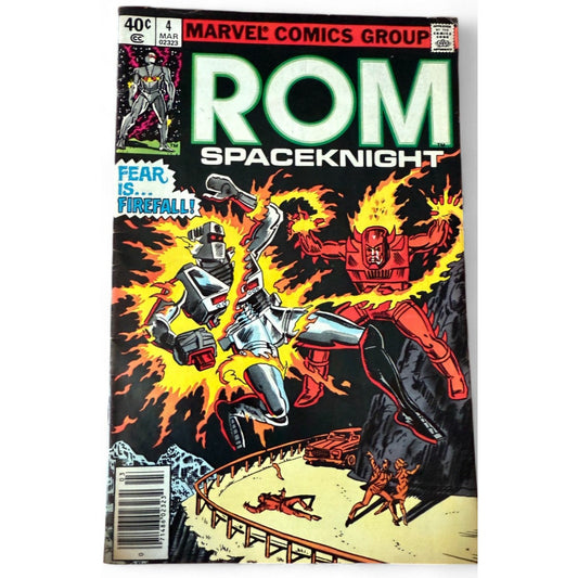 A near‑mint Marvel Comics ROM Spaceknight issue 4 cover from March 1980 featuring the first appearance of Firefall and the “Fear is Firefall!” battle scene.
