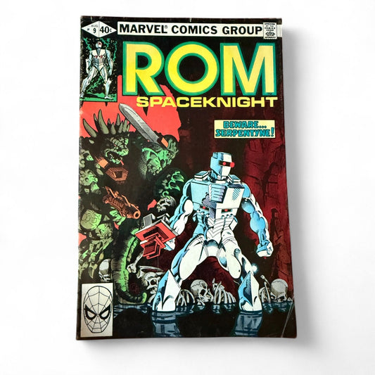 Marvel Comics "Rom Spaceknight" issue #9 (August 1980) featuring Serpentyne on cover, used Bronze Age comic in collectible condition.  
