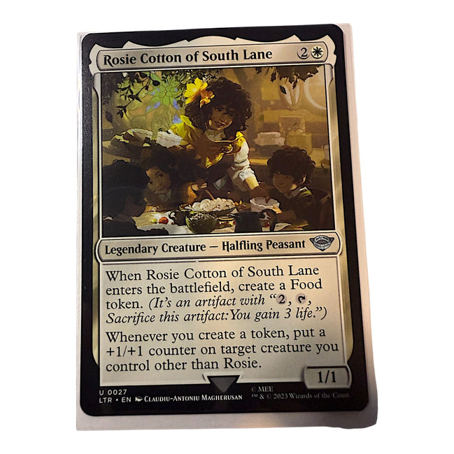 Front view of Rosie Cotton of South Lane Magic: The Gathering card featuring legendary creature details