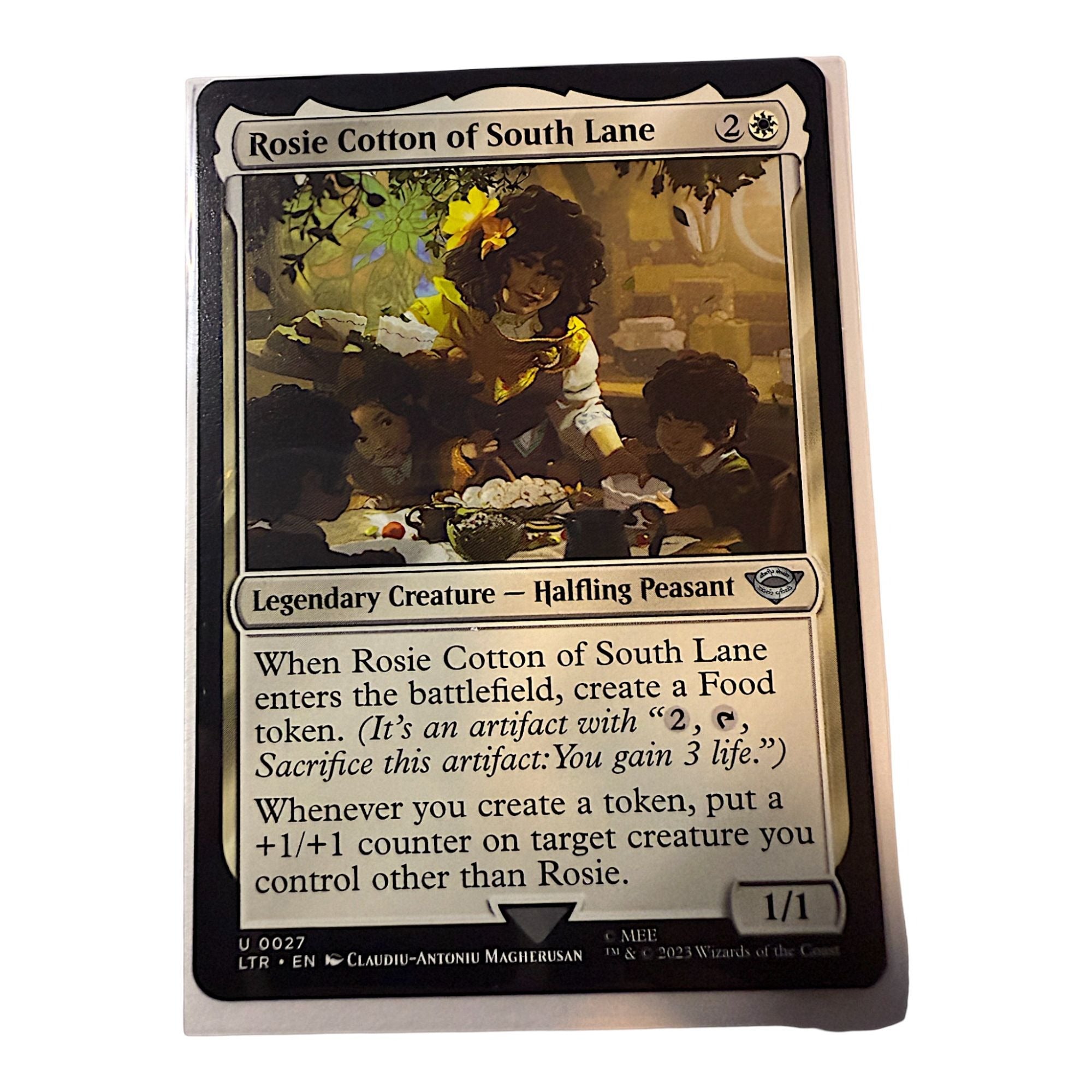 Front view of Rosie Cotton of South Lane Magic: The Gathering card featuring legendary creature details