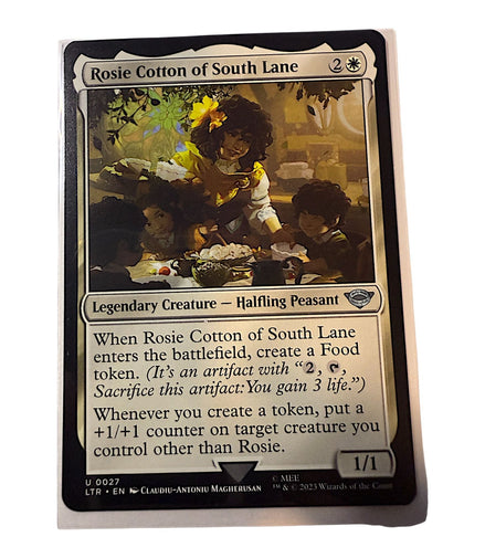 Front view of Rosie Cotton of South Lane Magic: The Gathering card featuring legendary creature details