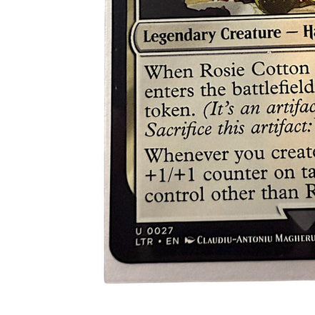 Front view of Rosie Cotton of South Lane Magic: The Gathering card featuring legendary creature details