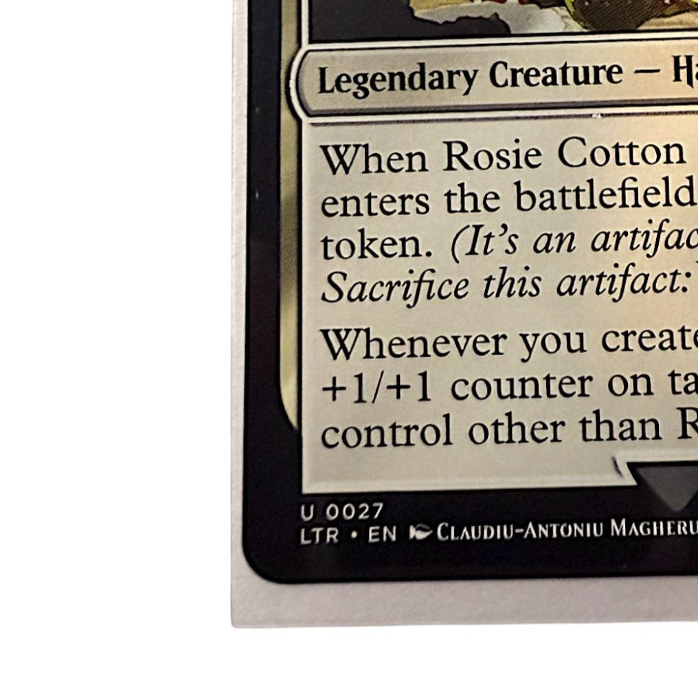 Front view of Rosie Cotton of South Lane Magic: The Gathering card featuring legendary creature details