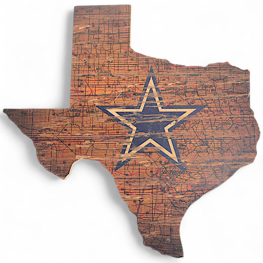 Rustic Dallas Cowboys Texas wall art with large navy star logo and printed Texas map

