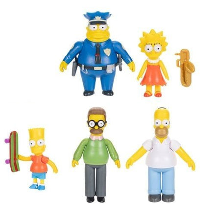 The Simpsons action figures set including Homer, Bart, Lisa, Ned Flanders, and Chief Wiggum with accessories