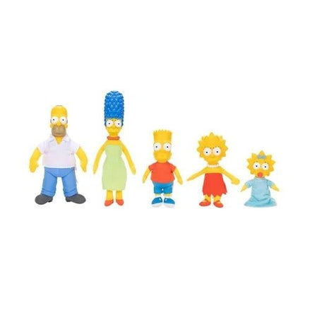 The Simpsons family plush toys collection featuring Homer, Marge, Bart, Lisa, and Maggie
