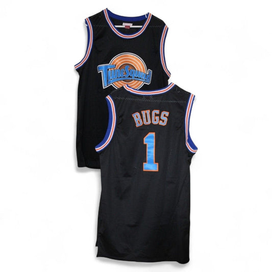 Front and back view of Space Jam Bugs #1 Tune Squad Black Basketball Jersey featuring Tune Squad logo and Bugs #1