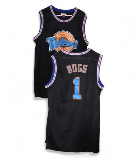 Front and back view of Space Jam Bugs #1 Tune Squad Black Basketball Jersey featuring Tune Squad logo and Bugs #1