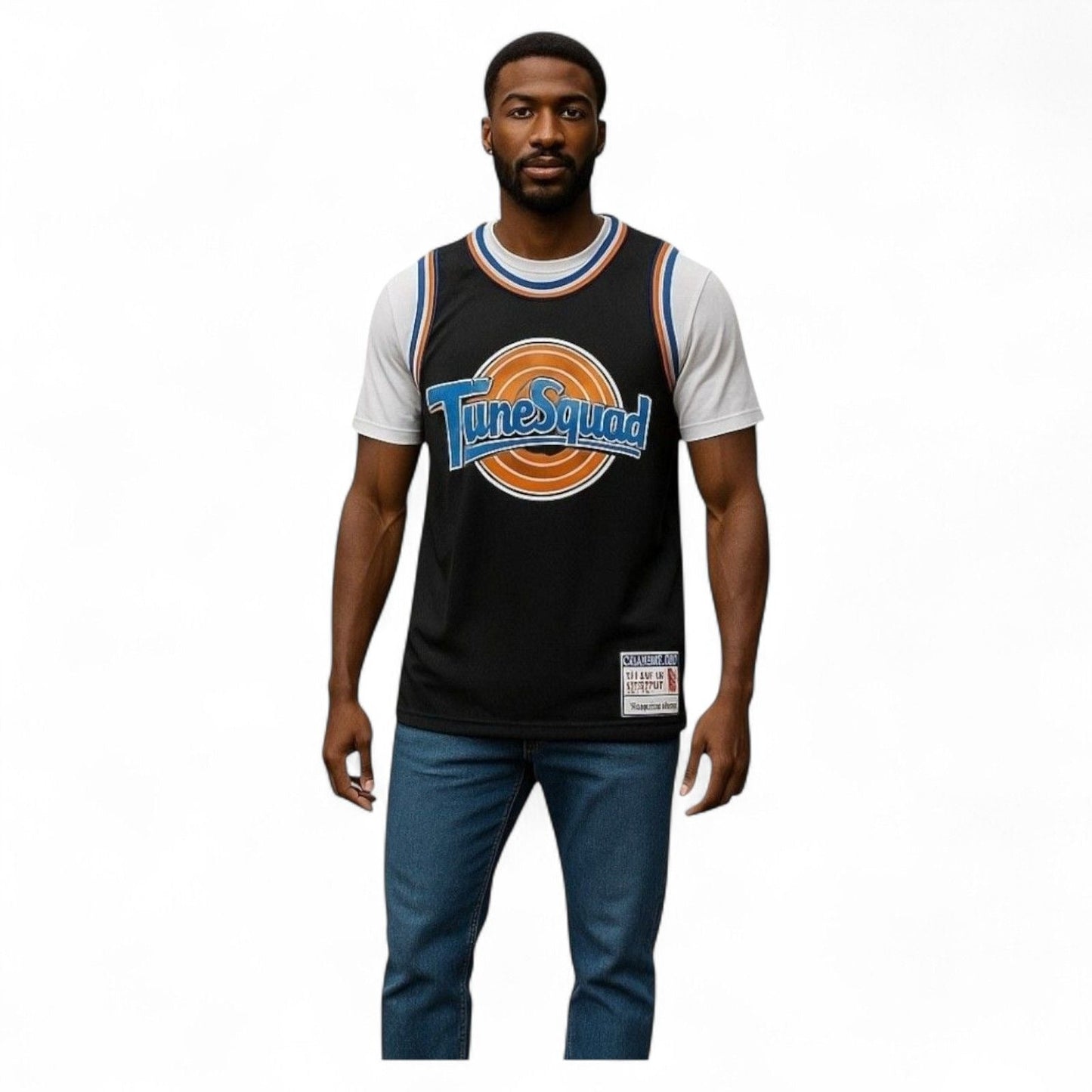 Model wearing Space Jam Bugs #1 Tune Squad Black Basketball Jersey with Tune Squad logo
