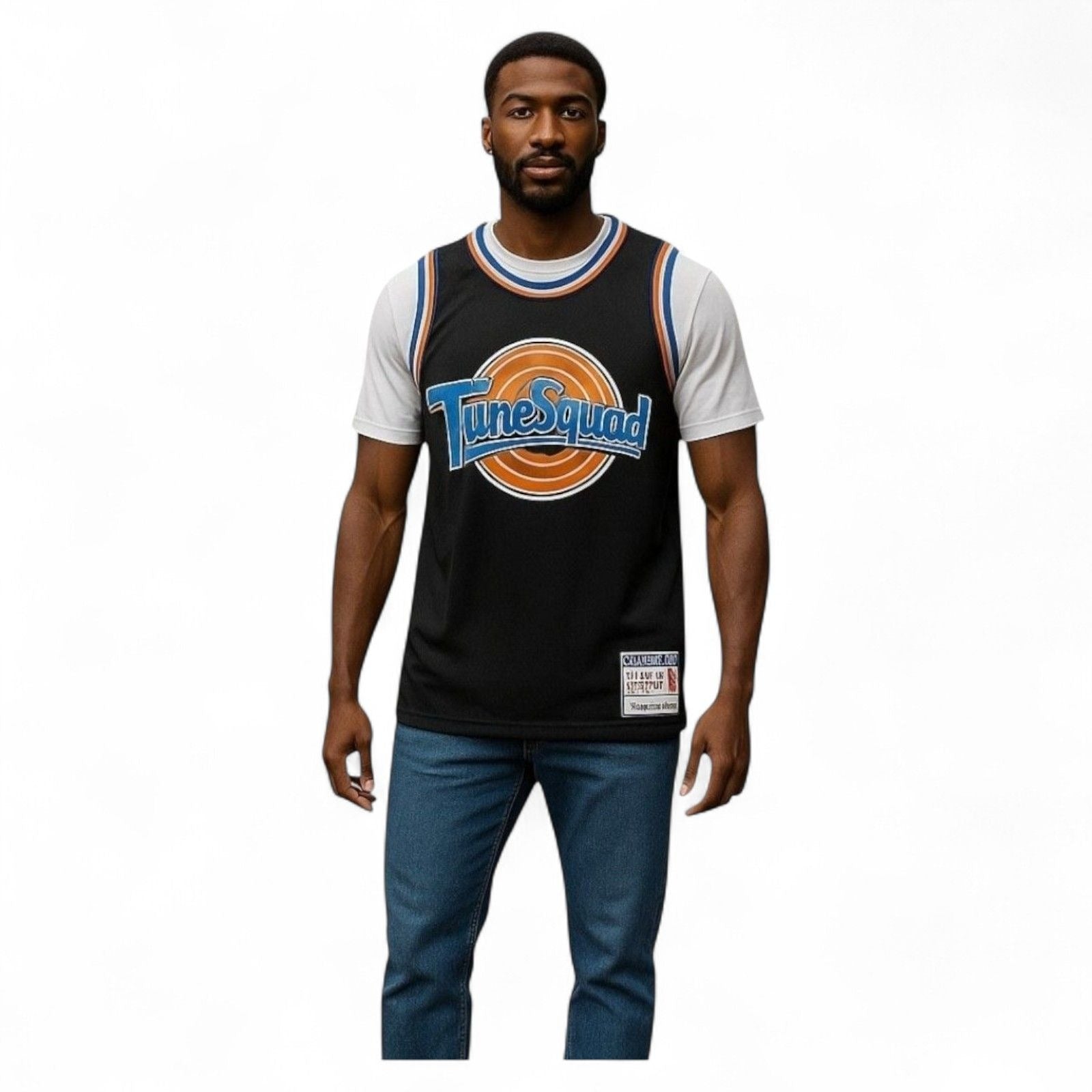Model wearing Space Jam Bugs #1 Tune Squad Black Basketball Jersey with Tune Squad logo