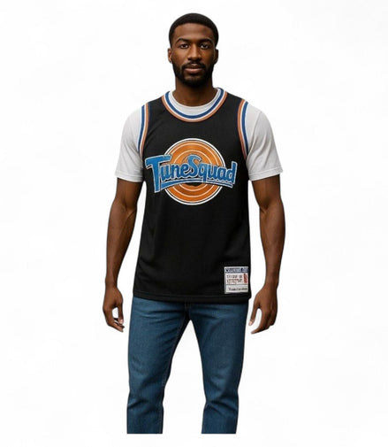 Model wearing Space Jam Bugs #1 Tune Squad Black Basketball Jersey with Tune Squad logo