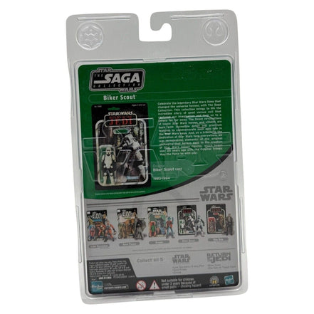 Back view of Star Wars Biker Scout action figure packaging showing details