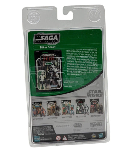 Back view of Star Wars Biker Scout action figure packaging showing details