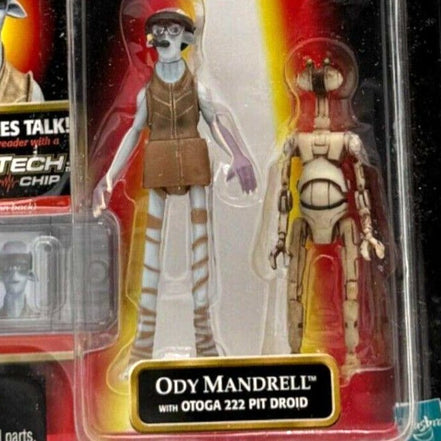 Close-up of Ody Mandrell and Otoga 222 Pit Droid figures in packaging