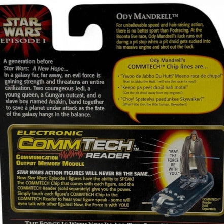 Detailed view of CommTech chip feature on Star Wars Episode I action figure packaging