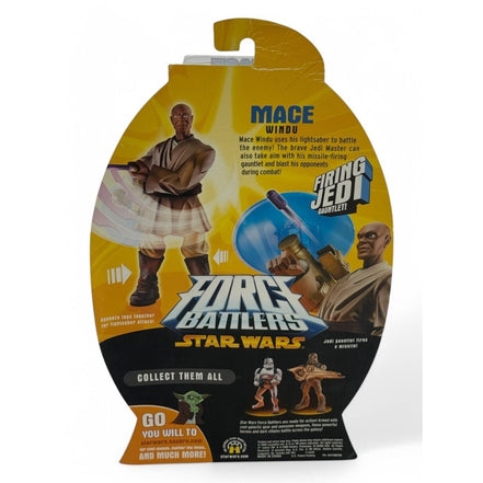 Close-up of Mace Windu action figure with Jedi gauntlet in packaging