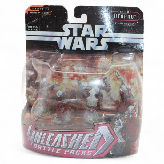 Star Wars Unleashed Battle Packs Utapau Warriors from Episode III features detailed mini figures in dynamic poses, sealed in original packaging.
