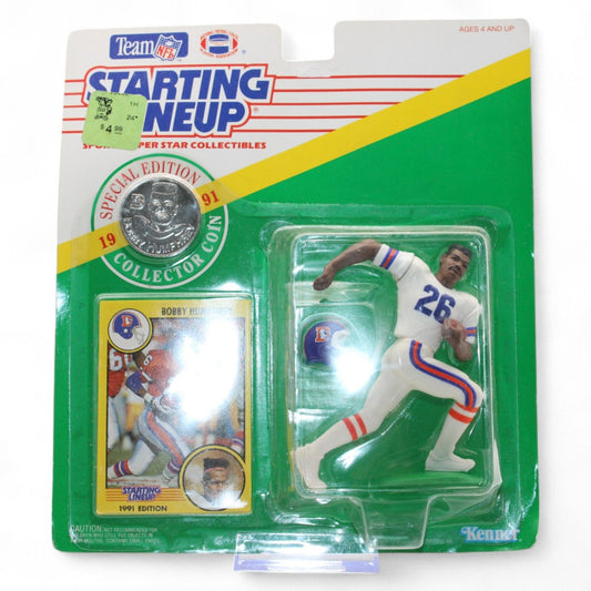 A mint 1991 Kenner Starting Lineup Bobby Humphrey Denver Broncos figure, sealed with original collector coin and player card in new-in-package condition.
