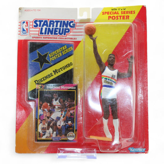 Starting Lineup Dikembe Mutombo NBA action figure by Kenner features Denver Nuggets uniform, trading card, and 11"x14" poster, sealed in original packaging.
