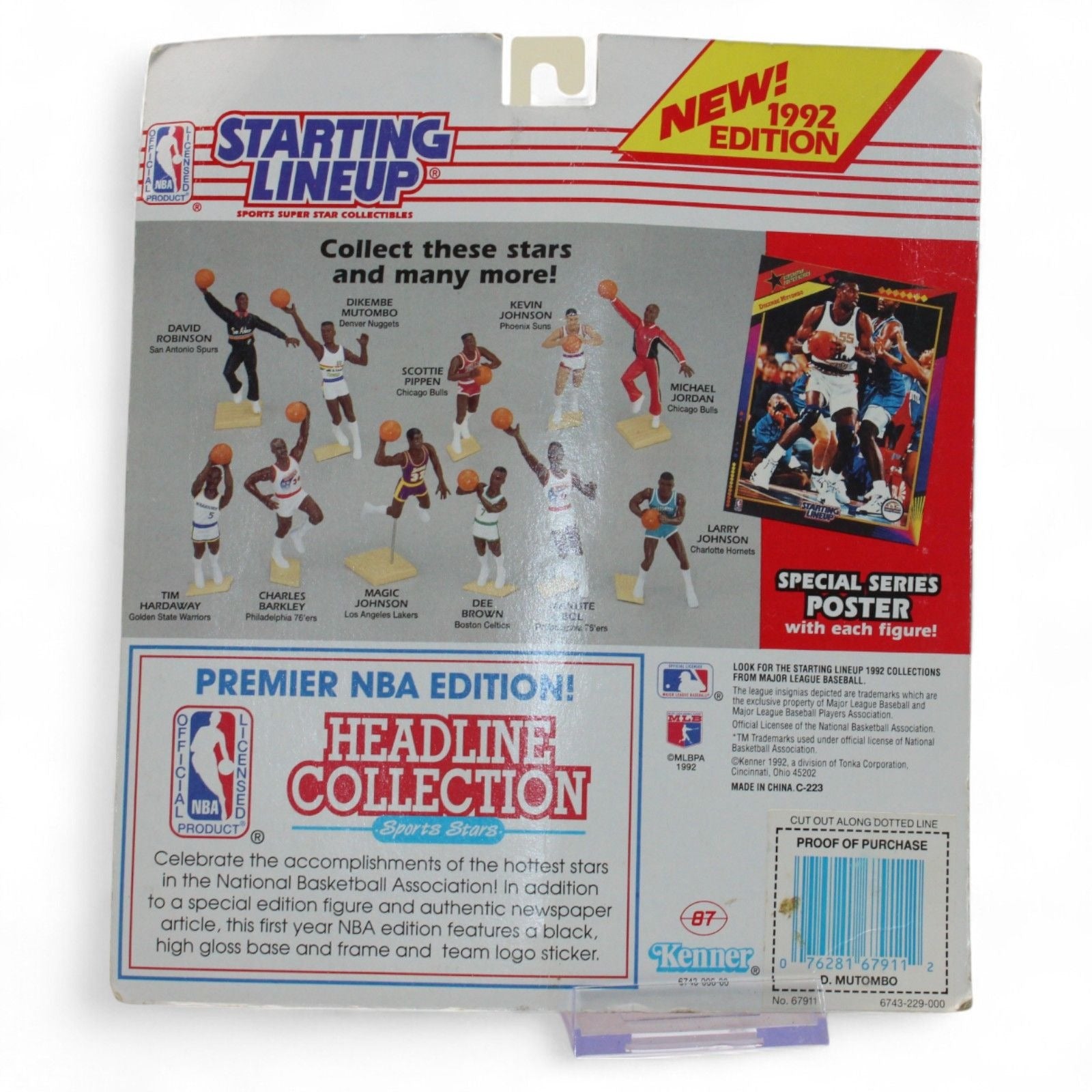 Starting Lineup Dikembe Mutombo NBA action figure by Kenner features Denver Nuggets uniform, trading card, and 11"x14" poster, sealed in original packaging.

