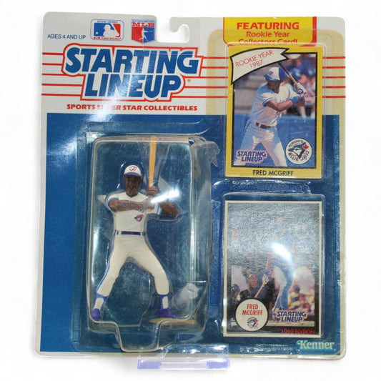 A sealed 1990 Kenner Starting Lineup Fred McGriff figure in Toronto Blue Jays uniform, includes 1987 rookie-year collector card in mint condition.
