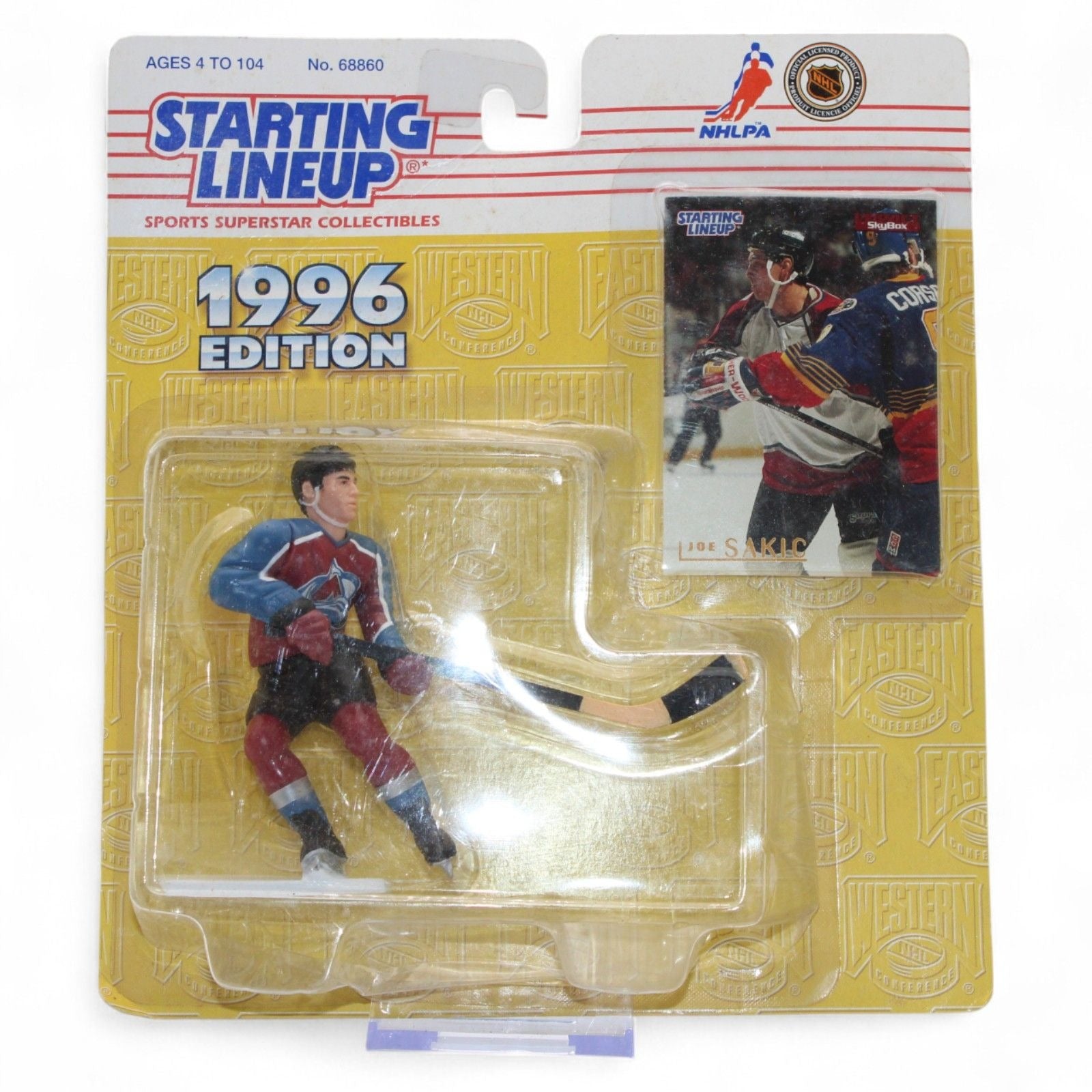 A mint 1996 Kenner Starting Lineup Joe Sakic action figure in Colorado Avalanche jersey, unopened with original hockey card, collectible.
