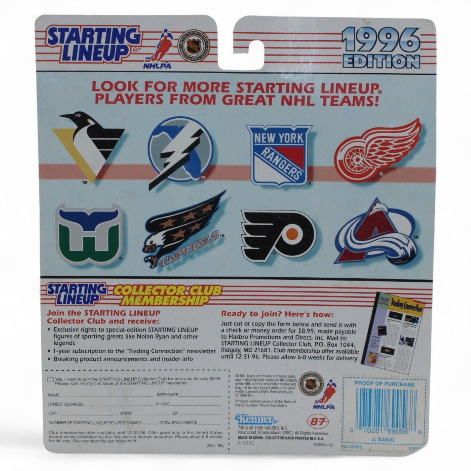 Starting Lineup NHL hockey card packaging from 1996 with logos of various NHL teams.