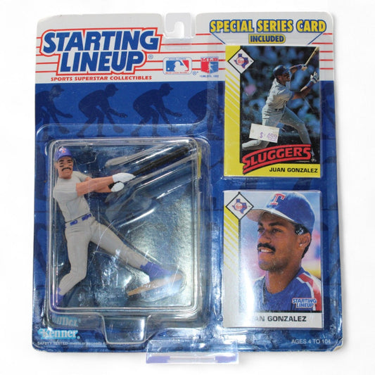 A mint 1992 Kenner Starting Lineup Juan González action figure in Texas Rangers uniform, sealed with special Sluggers series card and poster, NIP collectible.

