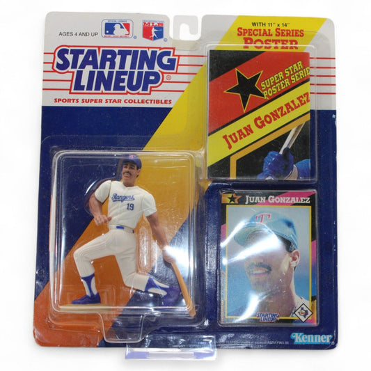 Starting Lineup Juan Gonzalez figure by Kenner includes Texas Rangers action pose, collector card, and 11"x14" Super Star Series poster, mint in package.
