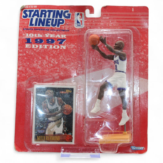 A mint 1997 Kenner Starting Lineup Mitch Richmond Sacramento Kings NBA action figure, complete with collector card, sealed in original 10th Anniversary packaging.
