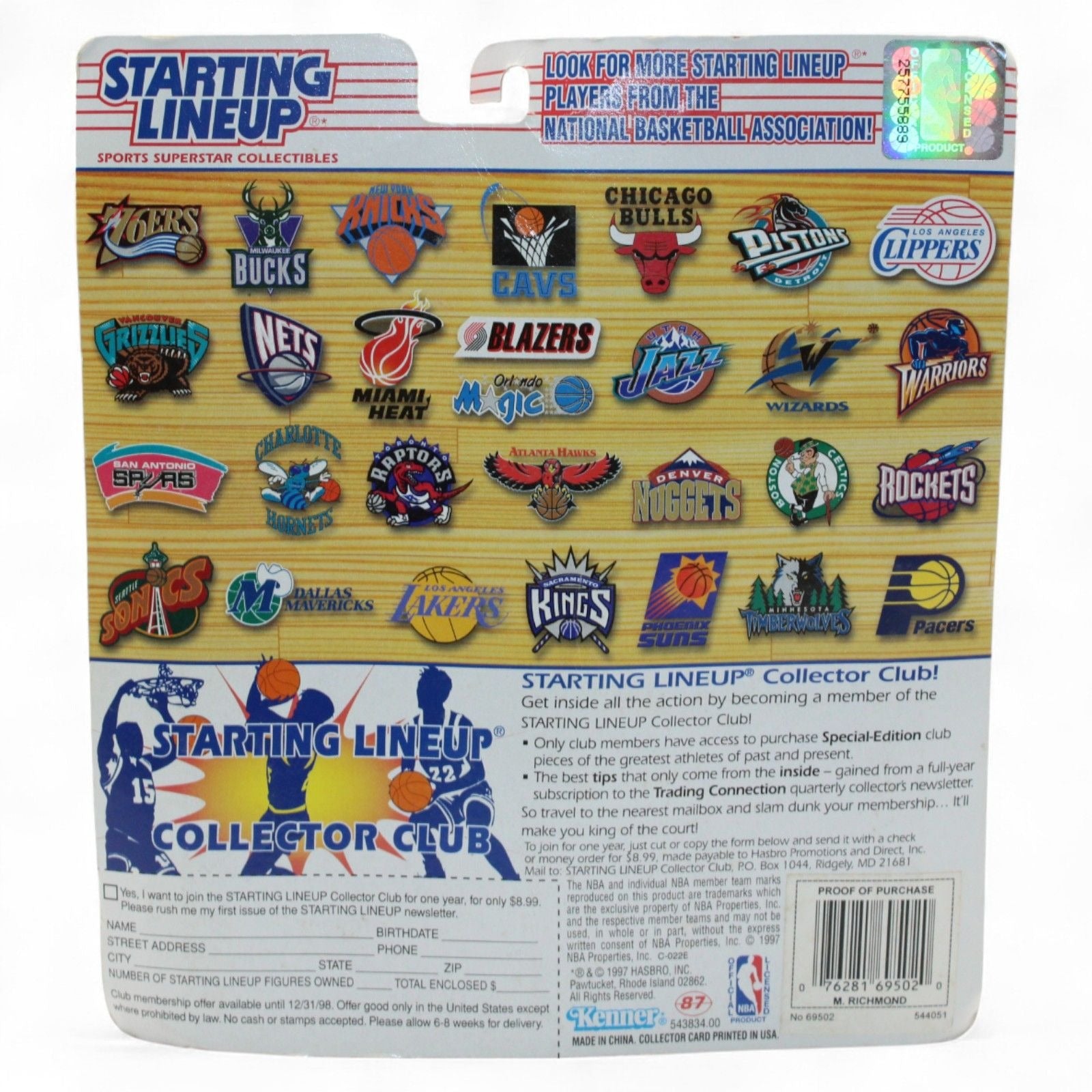 Starting Lineup sports collectibles packaging with various NBA team logos.