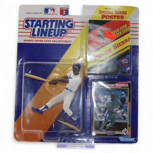 A mint 1992 Kenner Starting Lineup Ruben Sierra action figure in Texas Rangers uniform, sealed with special series poster and collector card.
